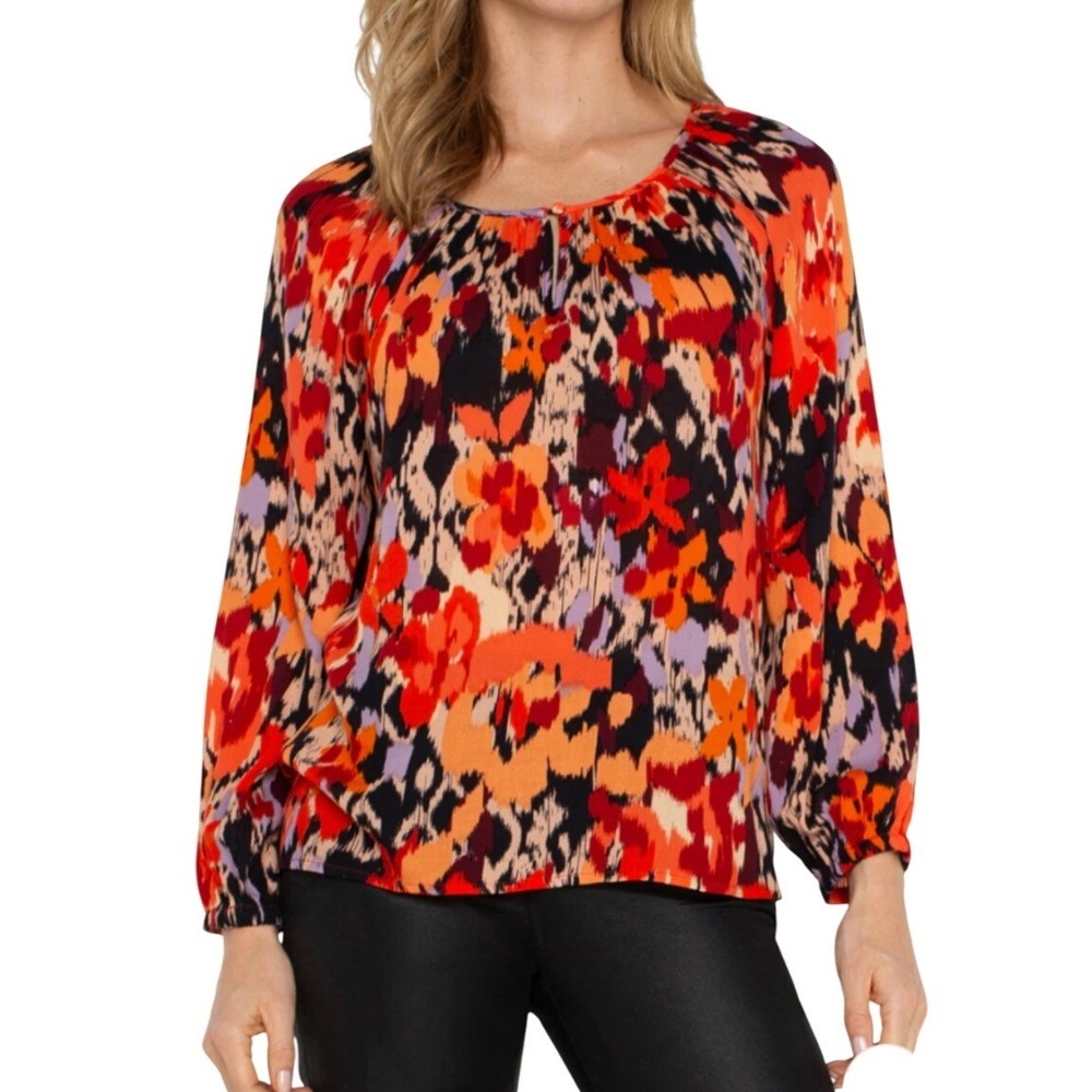 Liverpool Los Angeles XL Orange Abstract Floral Ikat Long Sleeve Blouse Top